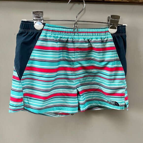 Girls Youth North Face Class V Teal Red Blue Tan Striped Shorts- Size Medium (10 - Picture 1 of 6